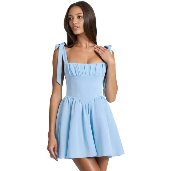 Smocked Ruched A Line Swing Dress Layered Tie Shoulder Flowy - Dress Light Blue S