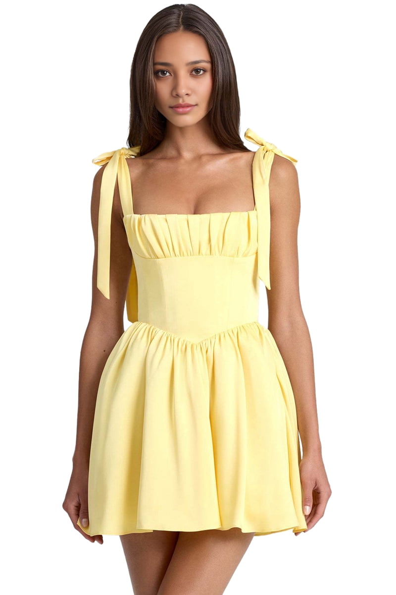Smocked Ruched A Line Swing Dress Layered Tie Shoulder Flowy - Dress Yellow L