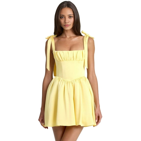 Smocked Ruched A Line Swing Dress Layered Tie Shoulder Flowy - Dress Yellow XL