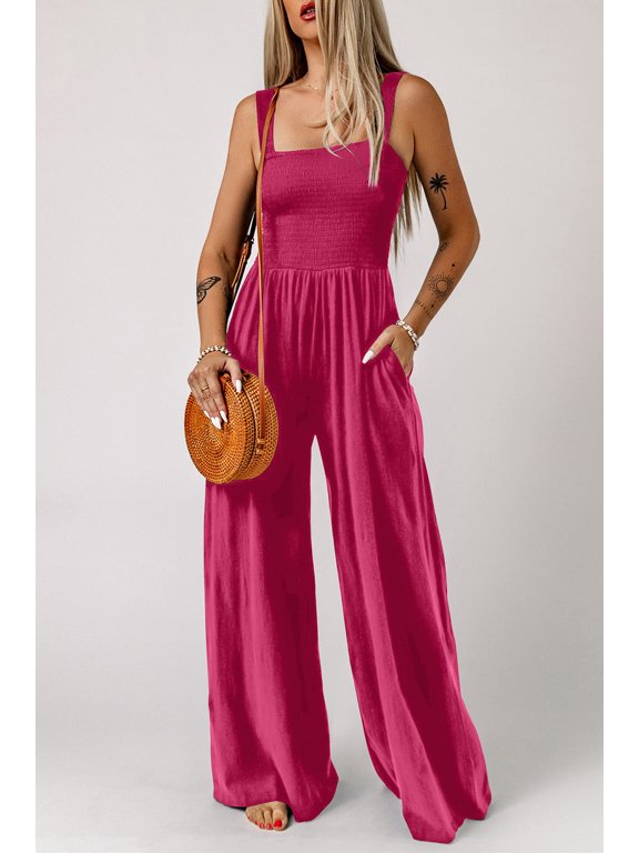 Smocked Square Neck Wide Leg Jumpsuit with Pockets