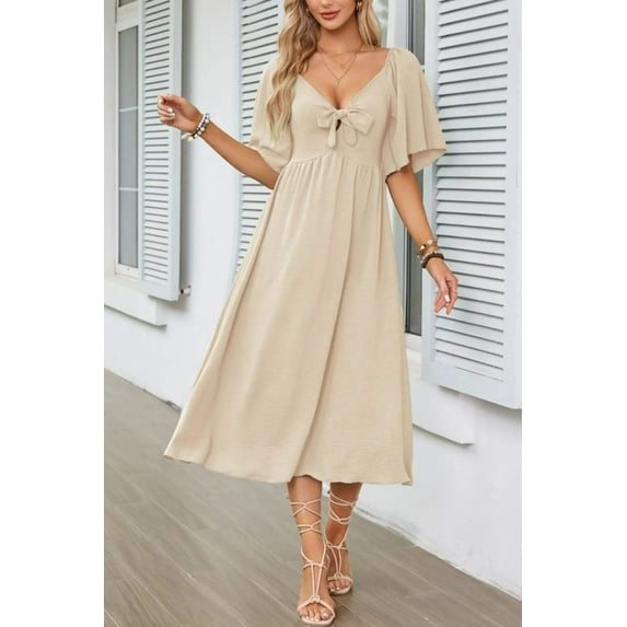 Smocked Tie Front Flutter Sleeve Midi Dress