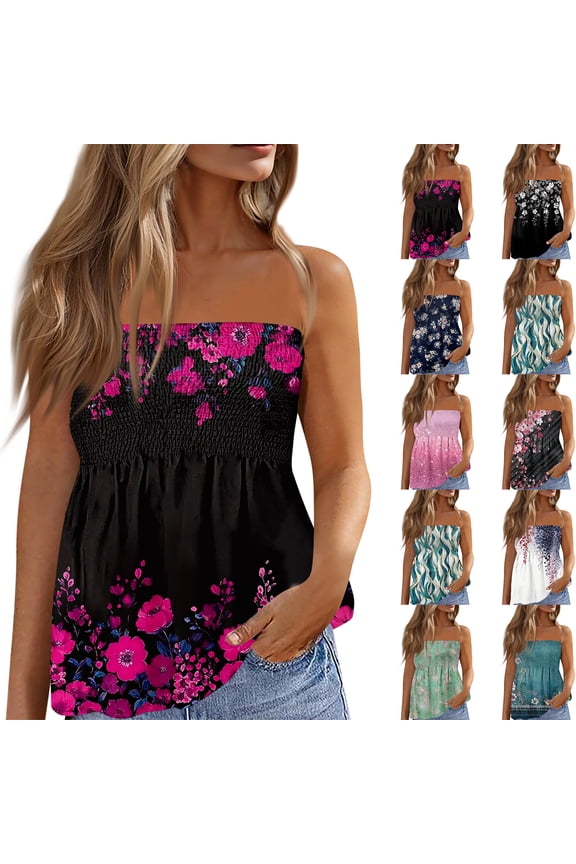 Smocked Tube Top for Women, Strapless Bold Floral Print Camisole - Summer Stretchy Empire Waist Tunic Blouse Black XL