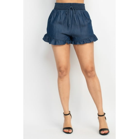Smocked Waist Ruffled Denim Shorts