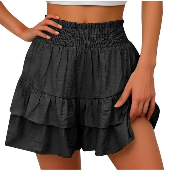 Smocking Elastic Waisted Shorts for Women Trendy Cute Flowy Layered Ruffled Shorts Summer Comfy Cotton Short Pants