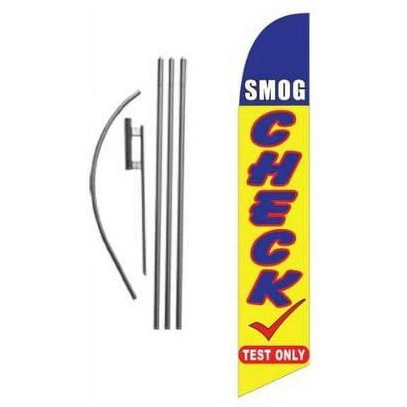Smog Check Advertising Feather Banner Swooper Flag Sign with Flag Pole Kit and Ground Stake, Yellow Blue