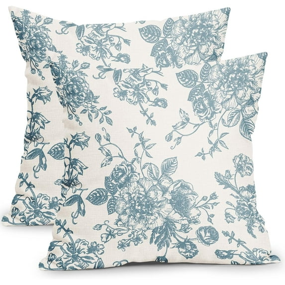 Smoke Blue and Cream Floral Pillow Covers 20x20 Inch Set of 2 Vintage Floral Throw Pillow Covers Chinoiserie Flower Pillowcases Rustic Farmhouse Cotton Linen Cushion Covers for Couch Bed Sofa Decor