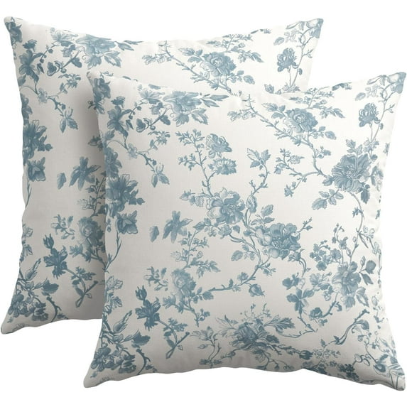 Smoke Blue Floral Pillow Covers 16x16 Inch Set of 2 Blue Gray and Cream Chinoiserie Flower Outdoor Decorative Throw Pillows Vintage Rustic Toile Pillowcases Cushion Covers for Couch