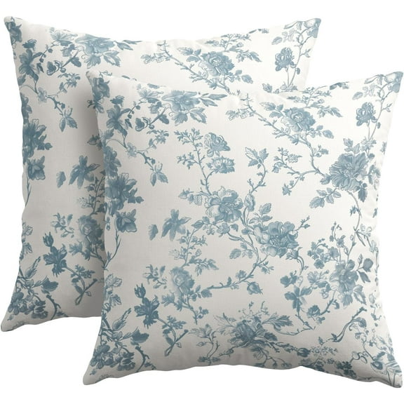Smoke Blue Floral Pillow Covers 16x16 Inch Set of 2 Blue Gray and Cream Chinoiserie Flower Outdoor Decorative Throw Pillows Vintage Rustic Toile Pillowcases Cushion Covers for Couch
