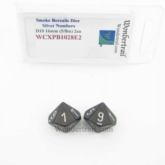 Smoke Borealis Dice with Silver Numbers D10 Aprox 16mm (5/8in) Pack of 2 Wondertrail