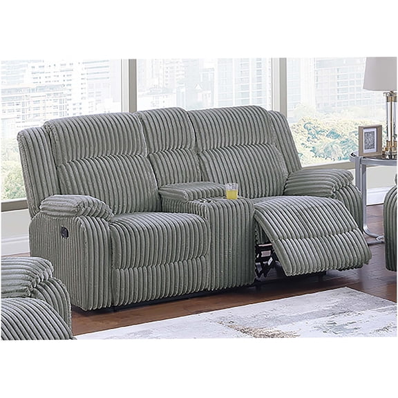 Smoke Colored Fur-Like Corduroy Motion Loveseat Recliner Sofa with Console and Cup Holders