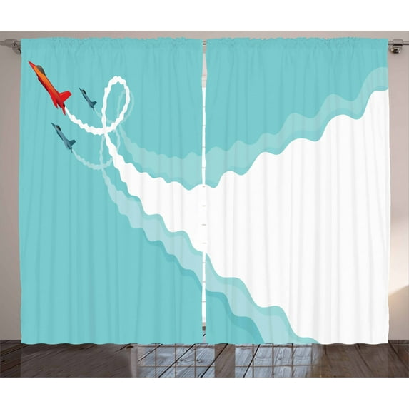 Smoke Curtains 2 Panels Set, Three Jets Showing White Trail Smoke Aerobatic Flying Air Show Theme, Window Drapes for Living Room Bedroom, 108"W X 90"L,Multicolor and Pale Blue, by Ambesonne