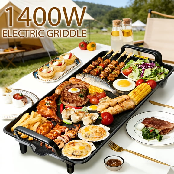 Smoke-Free Electric Grill Pan with Non-Stick Coating, Adjustable Temperature, Indoor BBQ
