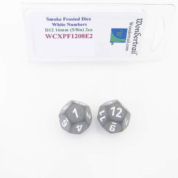 Smoke Frosted Dice with White Numbers D12 Aprox 16mm (5/8in) Pack of 2 Wondertrail
