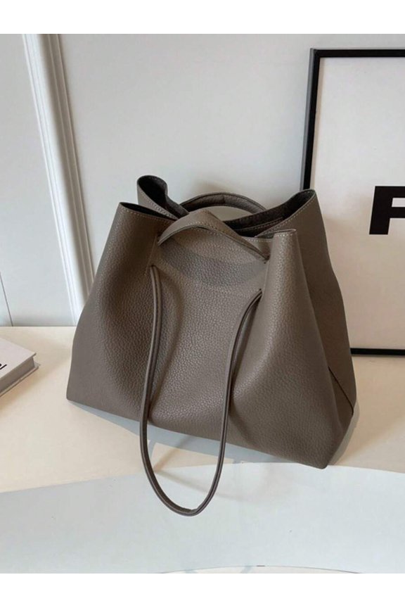 Smoke Gray Tote Shoulder Bag With Drawstring Closure Large Capacity