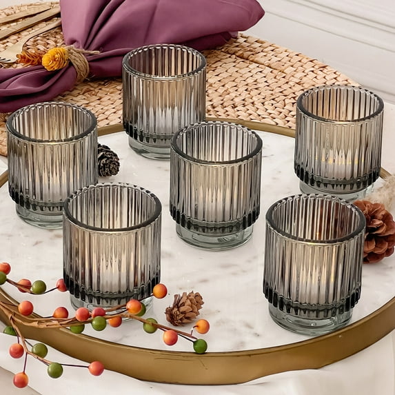 Smoke Gray Vintage Ribbed Glass Tealight Votive Candle Holders by Kate Aspen (Set of 6), Fall Decor, Boho Decor, Shelf Decoration | Perfect Hostess Gift or Home Decor