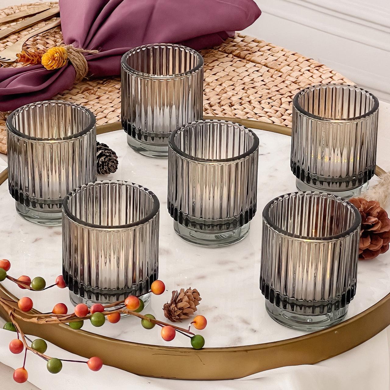 Smoke Gray Ribbed Glass Tealight Votive Candle Holders Set of 6