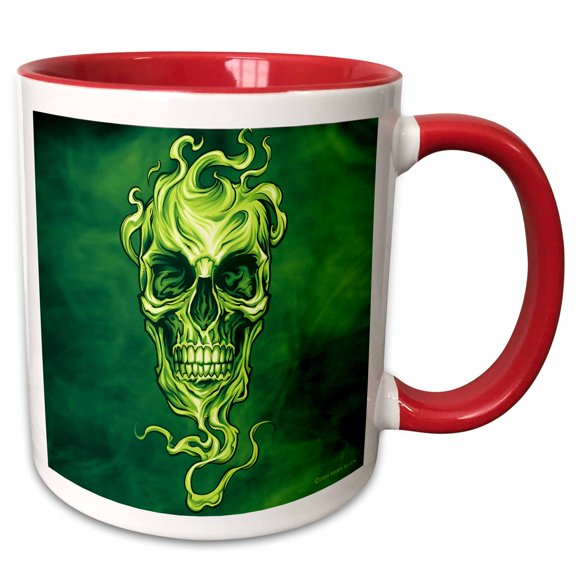 3drose, Smoke Green Skull Surrounded by More Green Smoke, 11oz Two-tone Red Mug