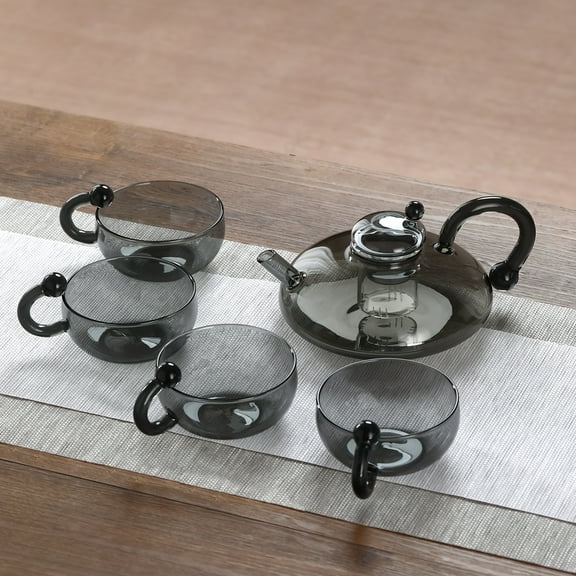 Smoke Grey Mouse Tail Teapot Set - 600ml Glass Teapot + 4 Cups, Heat-Resistant Tea Maker with Water Separation - Luxury Gift Set for Fathers Day, Home & Office