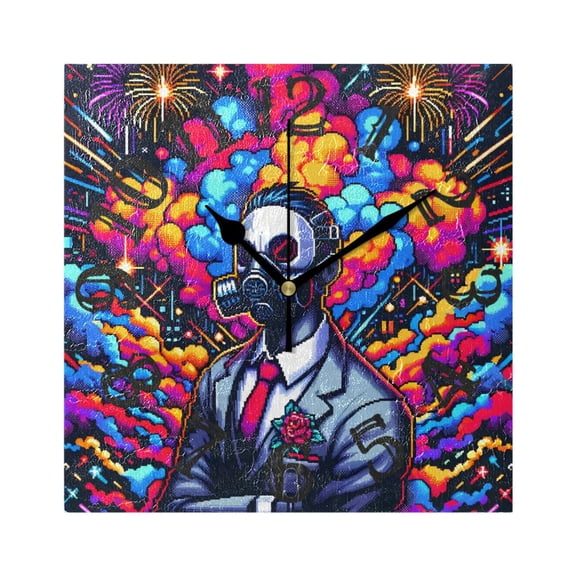 Smoke Mask Man Wall Clock Square Silent Non Ticking Battery Operated Clock for Home Bathroom Kitchen Bedroom Living Room