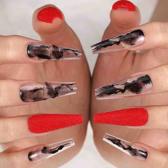 Smoke Pattern Fake Nails Coffin Extra Long Press on Nails with Design Ballerina Acrylic Super Long False Nails Designer Full Cover Artificial Nails for Women and Girls 24Pcs