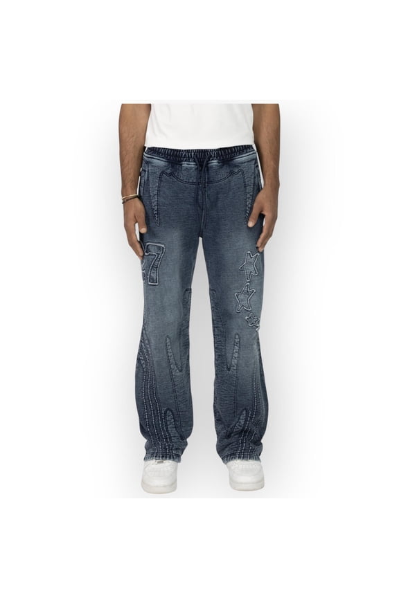 Men Denim Embossed Fleece Pant (Finn Blue)