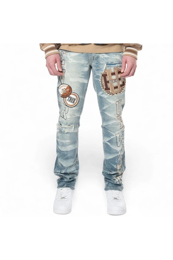 Men Varsity Patch Jeans(Clyde Blue)