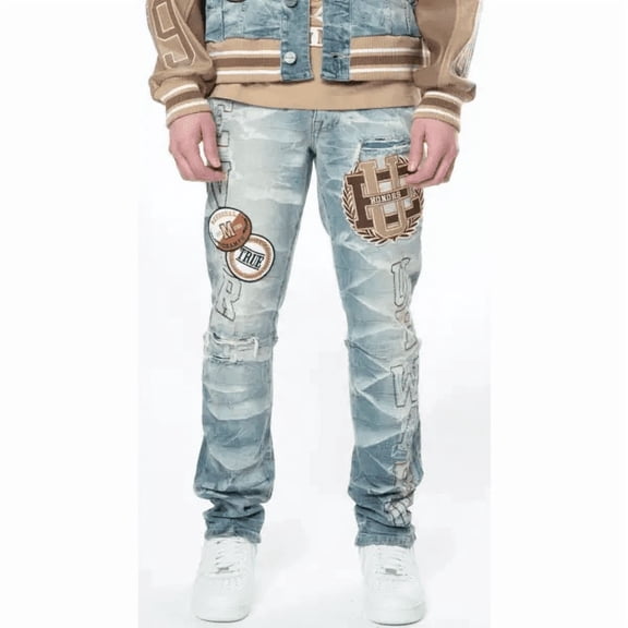 Smoke Rise Men Varsity Patch Jeans(Clyde Blue)