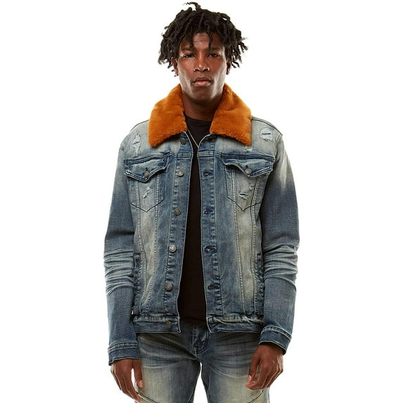 Smoke Rise Men's Denim Jacket with Detachable Fur Collar Large Mystic Blue