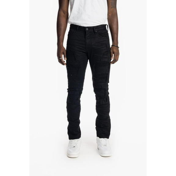 Smoke Rise Mens Fashion Rip Moto Denim Jean Jet Black 40W x 32L