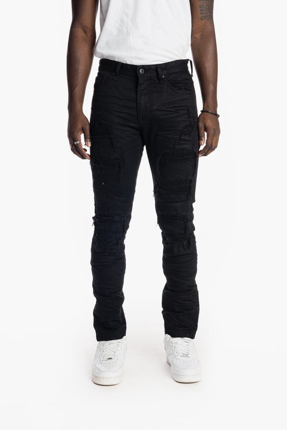 Mens Fashion Rip Moto Denim Jean Jet Black 44W x 32L