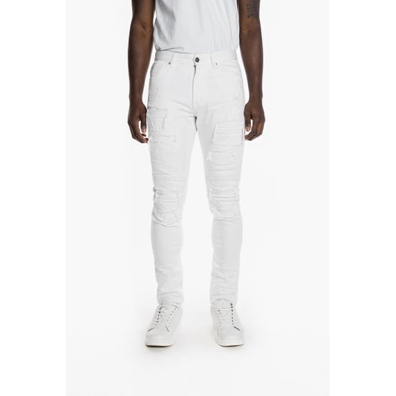Smoke Rise Mens Fashion Rip Moto Denim Jean White 44W x 32L