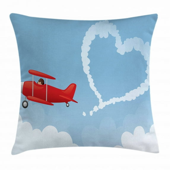 Smoke Throw Pillow Cushion Cover, Pilot Travelling in Sky with a Vintage Plane Leaving Heart Shape Trails, Decorative Square Accent Pillow Case, 16" X 16", Multicolor and Pale Blue, by Ambesonne