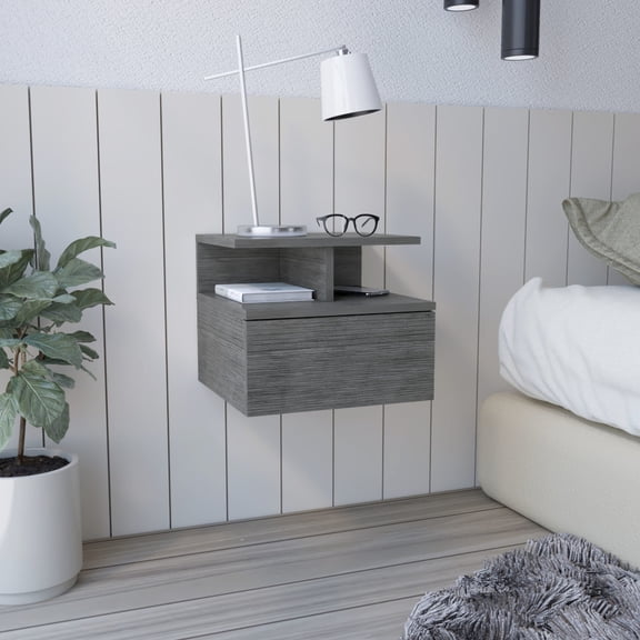 Smoke grey floating nightstand - Bedroom addition with large drawer for essentials