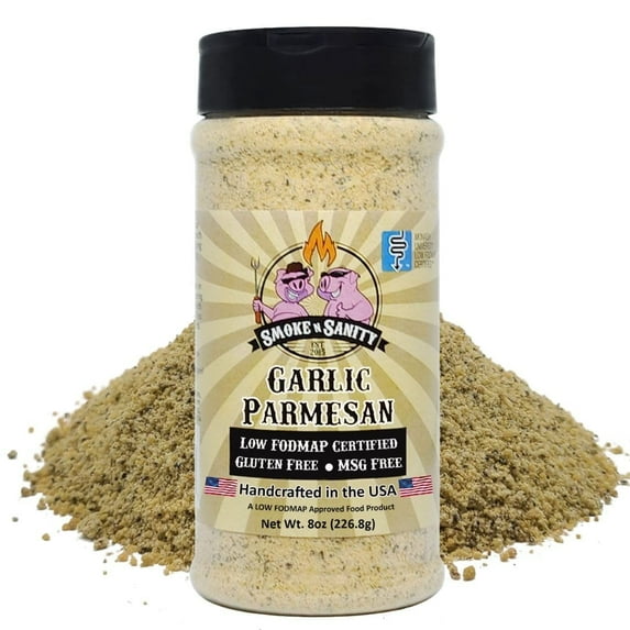 Smoke n Sanity Garlic Parmesan - Sensitive Stomach Approved - Full Flavor - Monash Certified Low FODMAP - Gluten Free - Low FODMAP Foods - (8.0 oz Shaker)