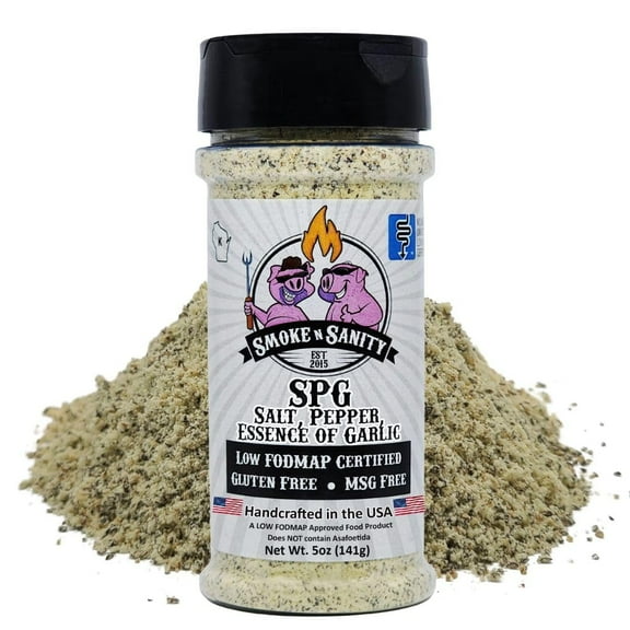 Smoke n Sanity - SPG (Salt, Pepper, Essence of Garlic Salt) Seasoning, Monash Certified Low FODMAP, Gluten Free, Kosher, Dairy Free, MSG Free, Ideal for Meats, Vegetables, and Dips, 5 oz Shaker