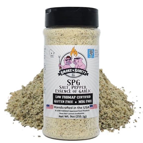 Smoke n Sanity - SPG (Salt, Pepper, Essence of Garlic Salt) Seasoning, Monash Certified Low FODMAP, Gluten Free, Kosher, Dairy Free, MSG Free, Ideal for Meats, Vegetables, and Dips, 9 oz Shaker