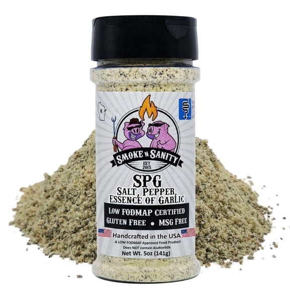 Smoke n Sanity - SPG (Salt, Pepper, Essence of Garlic Salt) Seasoning, Monash Certified Low FODMAP, Gluten Free, Kosher, Dairy Free, MSG Free, Ideal for Meats, Vegetables, and Dips, 5 oz Shaker
