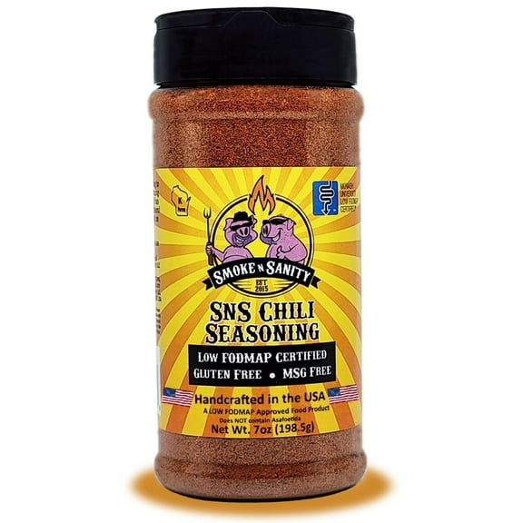 Smoke n Sanity SnS Chili Seasoning - Monash Certified Low FODMAP - Gluten Free - Certified Kosher - Dairy Free - Low FODMAP Food - Vegetarian (7.0 oz Shaker)