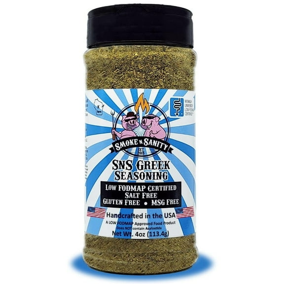 Smoke n Sanity SnS Greek Seasoning - Monash Certified Low FODMAP - Salt Free - Gluten Free - Certified Kosher - Dairy Free - Low FODMAP Food - Vegetarian (4.0 oz Shaker)