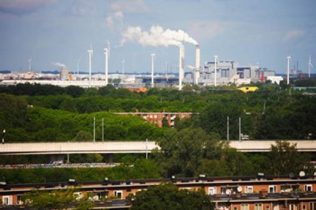 Smoke stacks and windmills at power station Netherlands Canvas Art - Panoramic Images (36 x 24)