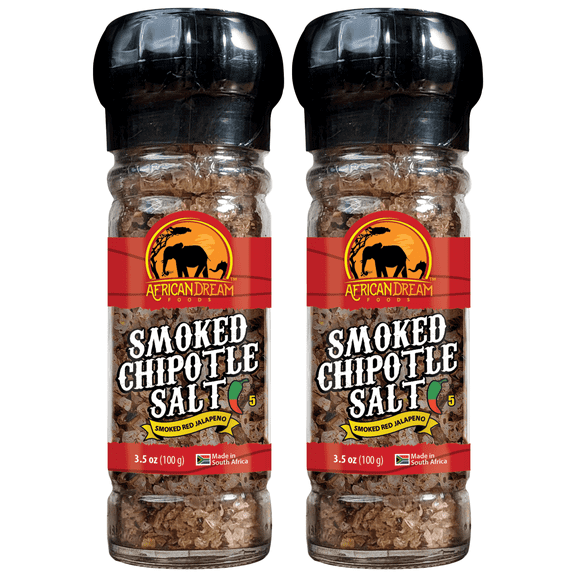 Smoked Chipotle Spicy Salt with Reusable Grinder by African Dream Foods | All-Natural Chipotle Peppers Infused with Sea Salt | Made in Africa | 2-Pack