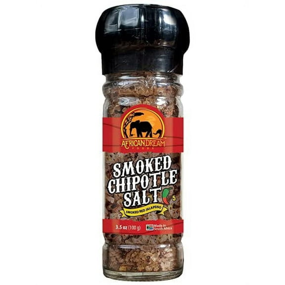 Smoked Chipotle Spicy Salt with Reusable Grinder by African Dream Foods | All-Natural Chipotle Peppers Infused with Sea Salt | Made in Africa