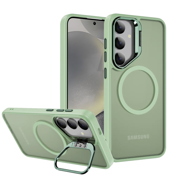 for Samsung Galaxy S24 FE Case, Luxury Clear Case Compatible with MagSafe + Camera Stand Kickstand Shockproof Anti-Scratch Drop Protective Frosted Back Case for Samsung Galaxy S24 FE -Lightgreen