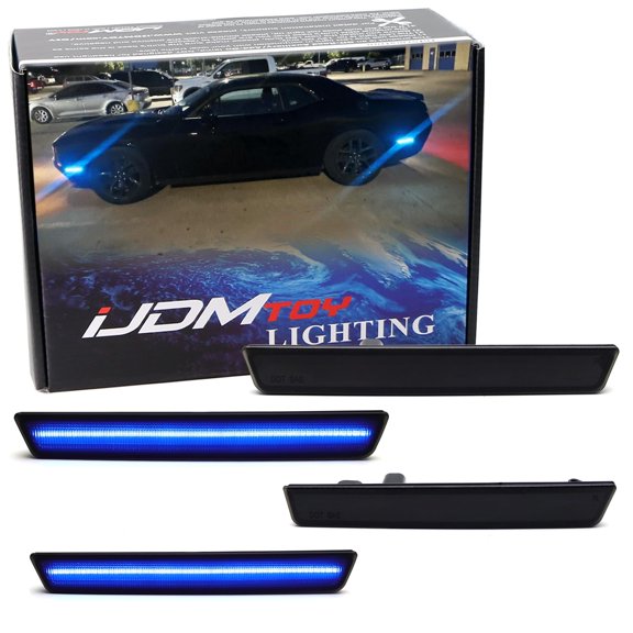 Smoked Lens All Blue Full LED Side Marker Light Kit For 2015-22 Dodge Challenger, Powered by Total 180-SMD LED, Replace OEM Sidemarker Lamps