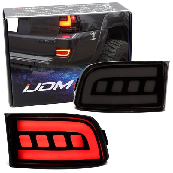 Smoked Lens Full LED Rear Bumper Reflector Lights For Toyota 2003-05 4Runner, 2002-2010 Land Cruiser Prado, Function as Tail, Brake, Rear Fog Lamps & Dynamic Sequential Signal