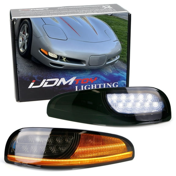 Smoked Lens LED DRL/Laser Sequential Front Turn Signal Light Assembly For 1997-2004 Chevrolet Corvette C5, Xenon White LED Parking/Driving & Full Amber LED Blinker