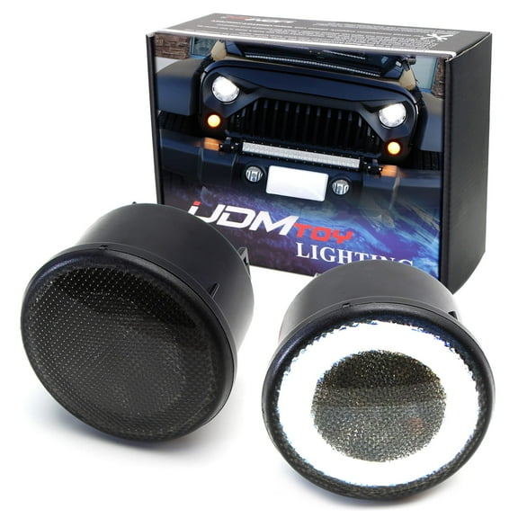 Smoked Lens LED Driving/DRL Turn Signal Lamp Assembly For Jeep 2007-17 Wrangler (White LED Halo Ring as Parking/Driving/DRL Lights & Amber LED Center Light as Turn Signals)