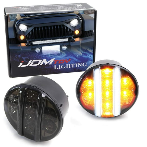 Smoked Lens LED Front Turn Signal Lamp Assembly For Jeep 2007-17 Wrangler (White LED Vertical Bars For Driving/DRL & Amber LED Dots For Turn Signal Lights)