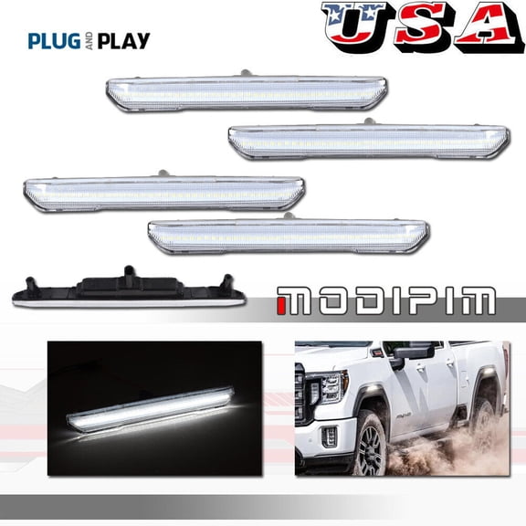 Pack Clear F/R White LED Side Marker Lights for 2020 - 2024 GMC Sierra 2500 3500HD-