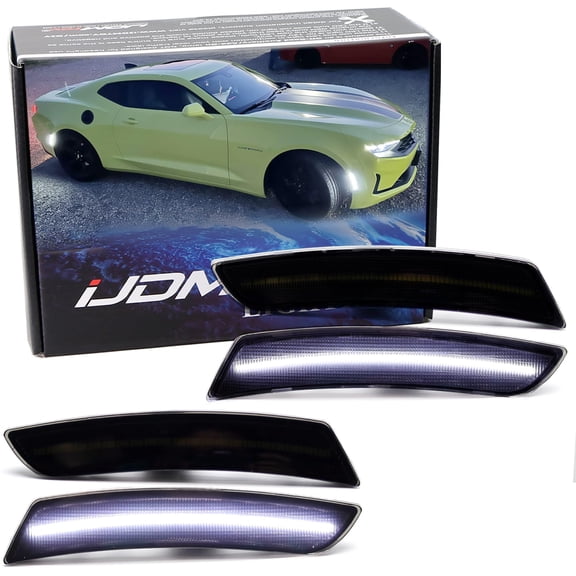 Smoked Lens White Full LED Side Marker Light Kit For 2016-2023 Chevy Camaro, Powered by Total 180-SMD LED, Replace OEM Sidemarker Lamps
